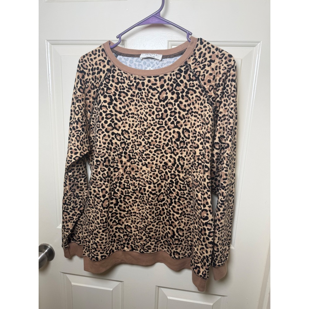Zenana Women's Leopard Print Cotton Sweatshirt Brown Tan Pullover Small